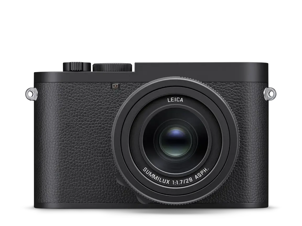 Front view of a black Leica Q3 Monochrom camera with a fixed Summilux 28 mm lens