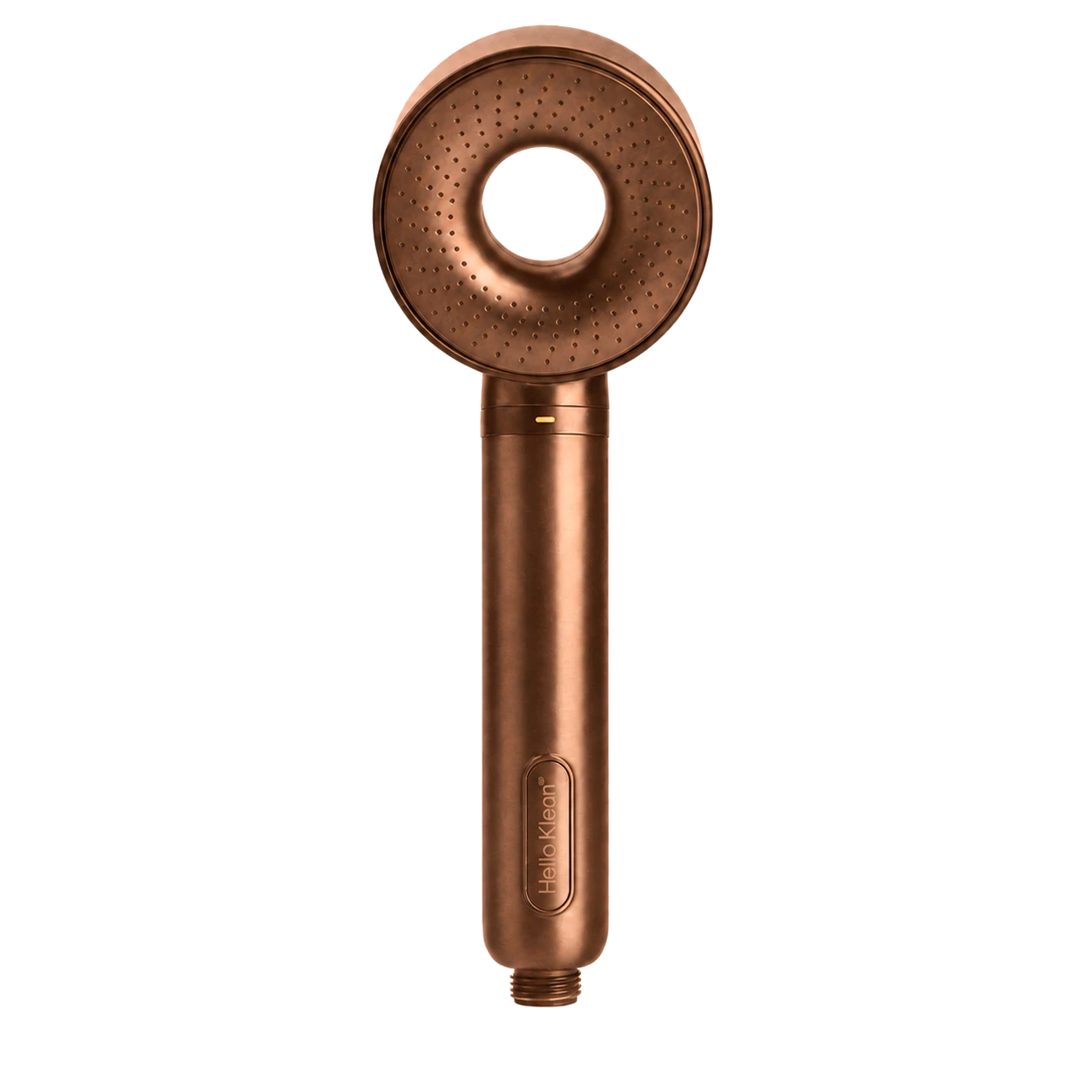 Front view of a brushed bronze Hello Klean Shower Head+ with a circular spray face, centre opening and long handle