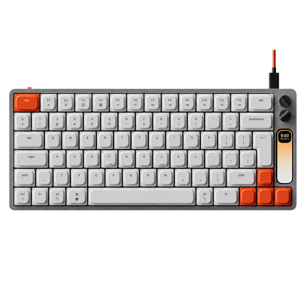 Front view of a silver Work Louder Knob1 keyboard with white and orange keycaps, two black dials and a colour display